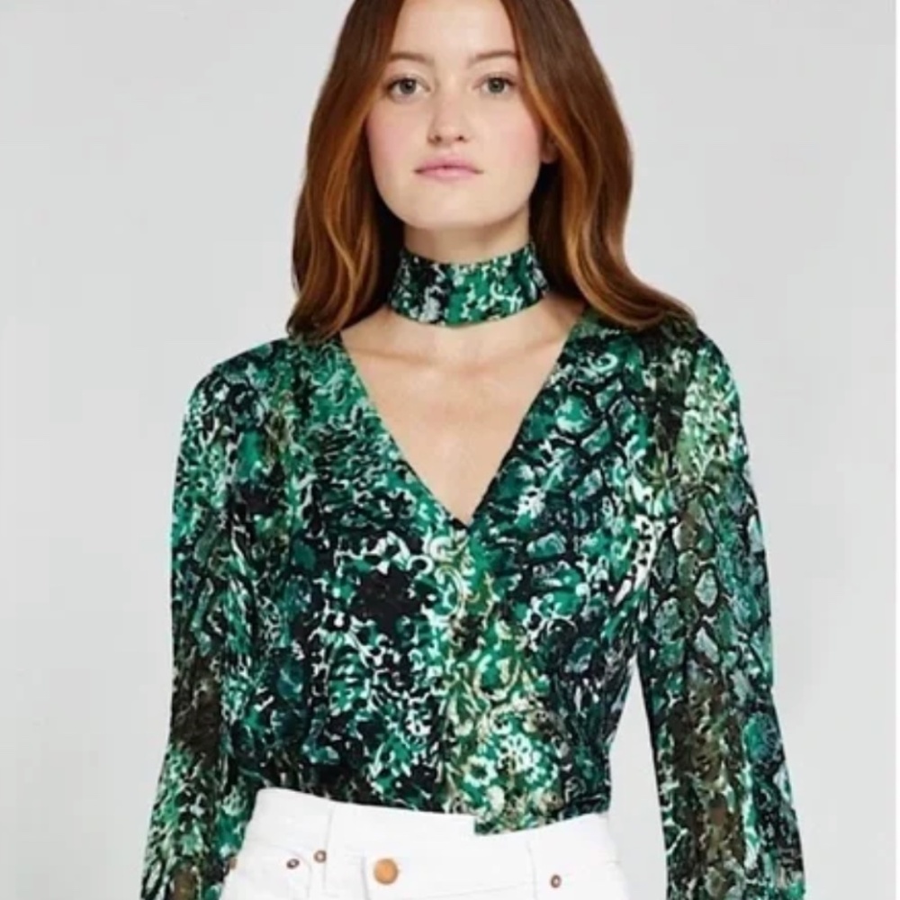 Alice + Olivia Green Animal Printed Devore Faux Wrap Top, Size S
